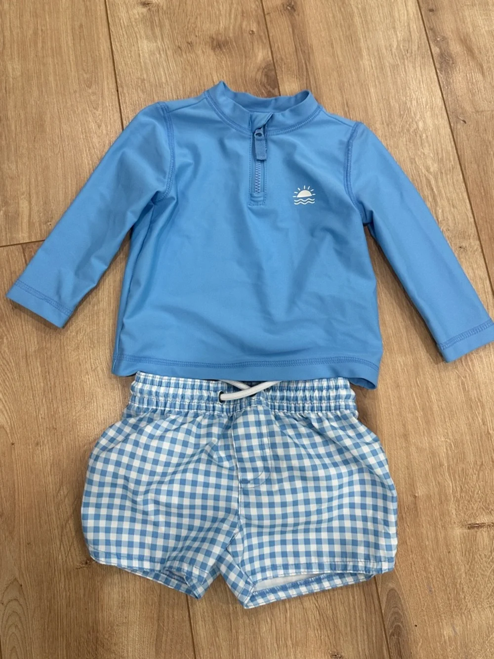 Carters Just One You Blue Long-Sleeve Rash Guard & Gingham Swim Shorts Set